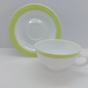 Vintage Pyrex Tea Cup & Saucer White With Light Green Trim